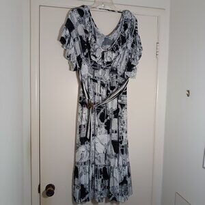 Lapis black & white city scape midi dress size  L